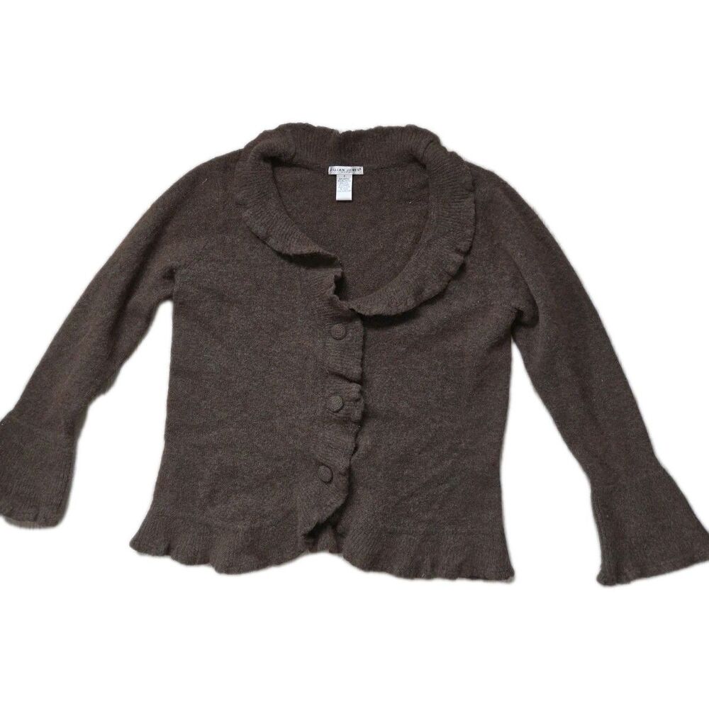Jillian Jones Wool Blend Woman Brown Cardigan Ruffle Trim Button Front Sz X EUC